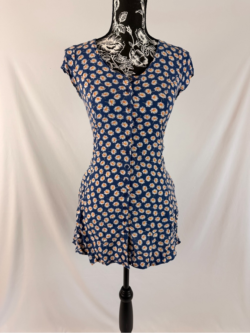 Navy Daisy Print Button Front mini dress